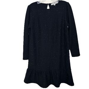 Loft Black Dress with Mulitcolor Specks Size S Textured Fabric Ruffle Hem Flaw